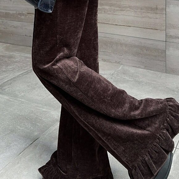 Coffee Brown Women's Elastic Waist Velvetish ruffled Hem Long Pants - Picture 5 of 7